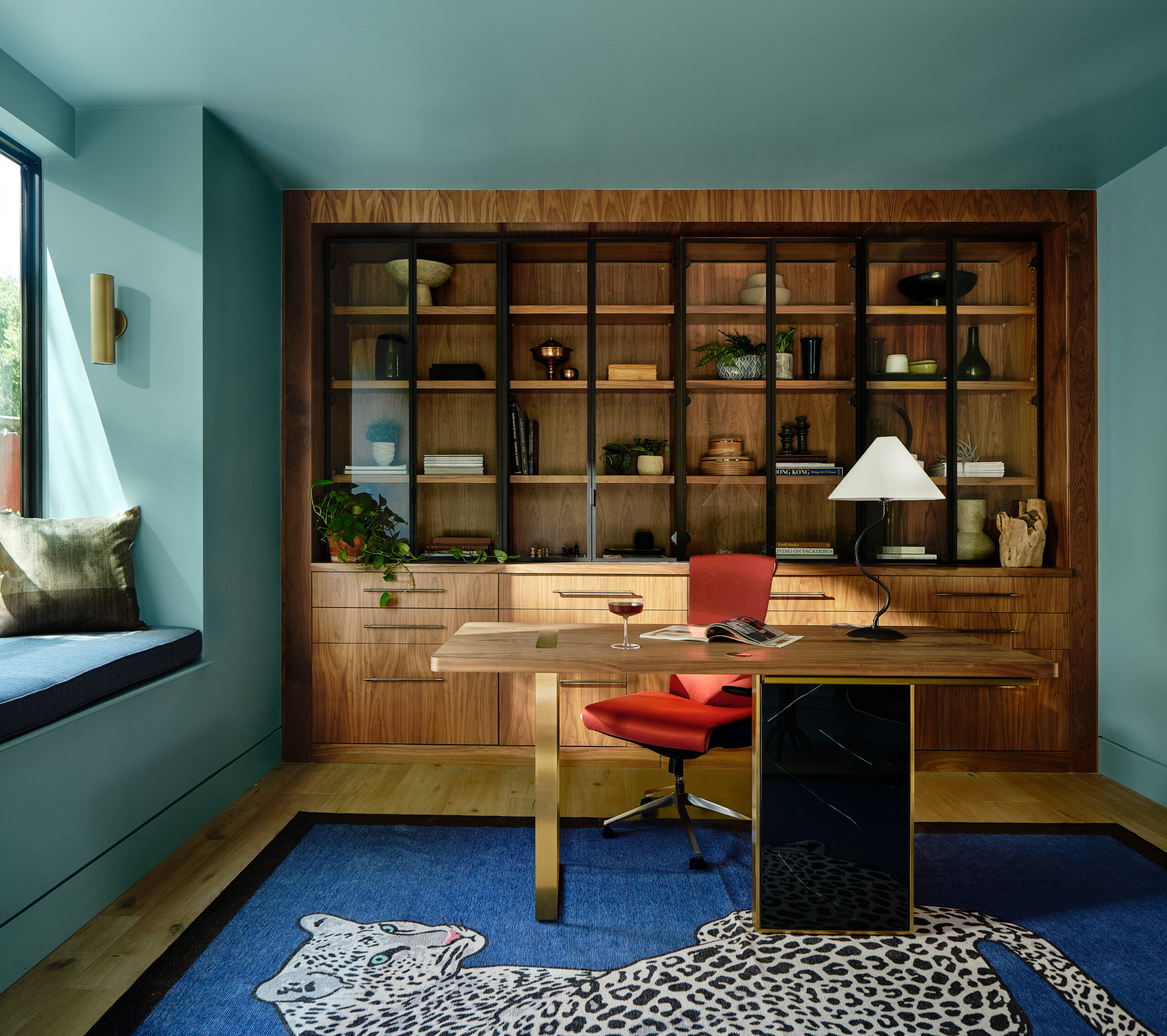 Deep blue home office inside Lafayette ADU, designed for focused work and full-time use.