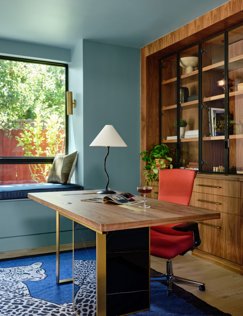 Deep blue home office inside Lafayette ADU, designed for focused work and full-time use.